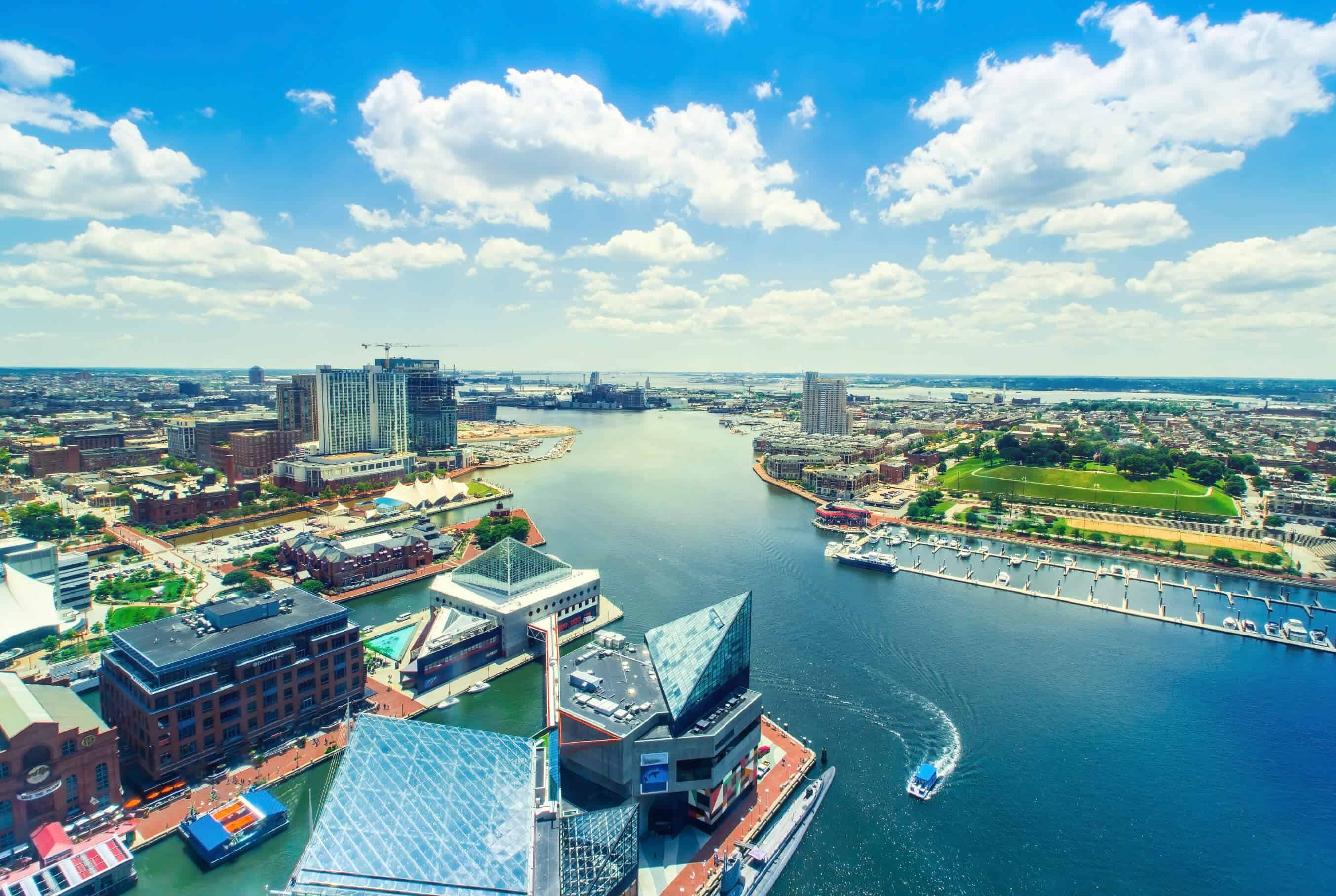 Aerial view of the Inner Harbor of Baltimore, Maryland on a clear summer day